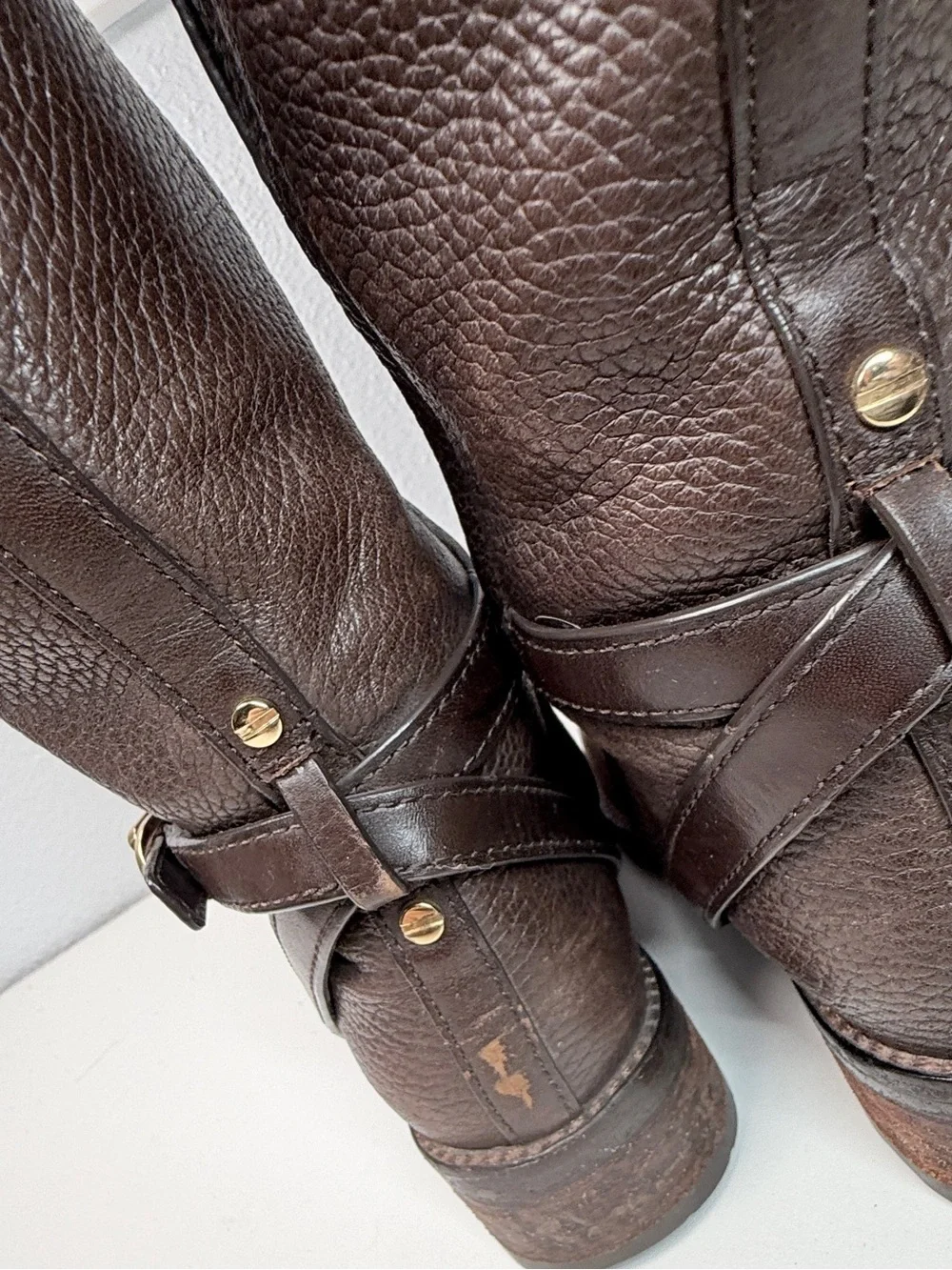Tory Burch Boots Brown Pebbled Leather Riding Boots Tall Zip Logo women size 6.5